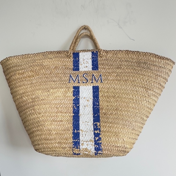 LINDROTH DESIGN Monogrammed Straw Beach Tote "M.S.M" Blue/White - Picture 1 of 7